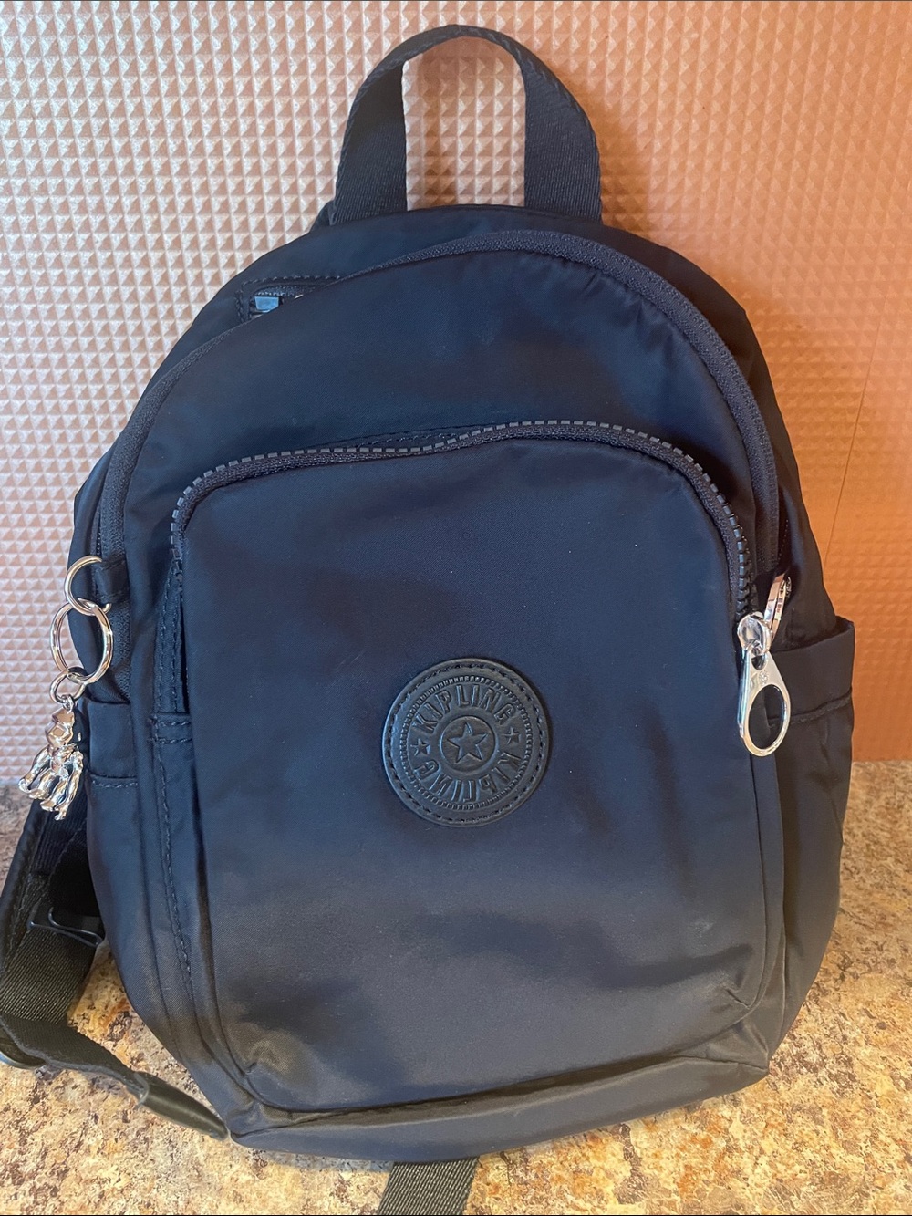 Kipling Black Nylon Mini Backpack with Front Zip Pocket